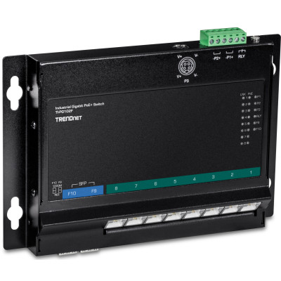 TRENDnet TI-PG102F 10-Port Gigabit Ethernet Front Access Switch, 8 Gigabit PoE+ and 2 Gigabit SFP ports, 20 Gbps switching capacity, DIN-rail/Magnet